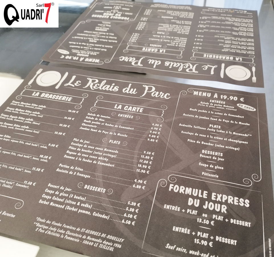 Set de table personnalisé avec le menu pour le restaurant Le Relais du Parc à BARENTON